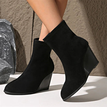 Solid Color Round Toe Wedge Heel Pull On Ankle Boots