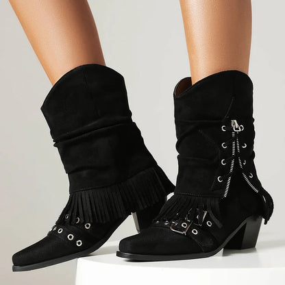 Fold Over Fringed Trim Zipper Pointed Toe Chunky Heel Western Boots