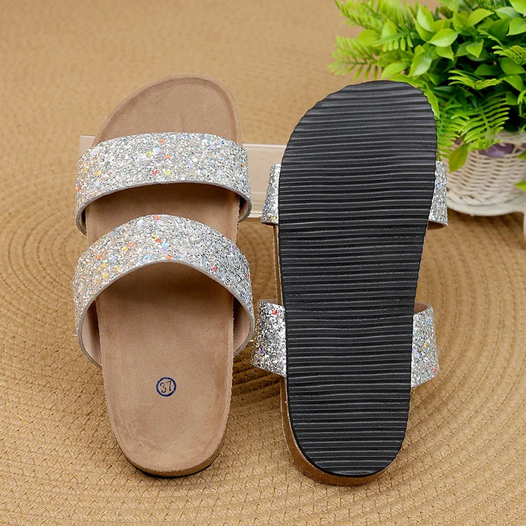 Shimmering Sequin Double Instep Straps Round Toe Soft-Soled Slippers