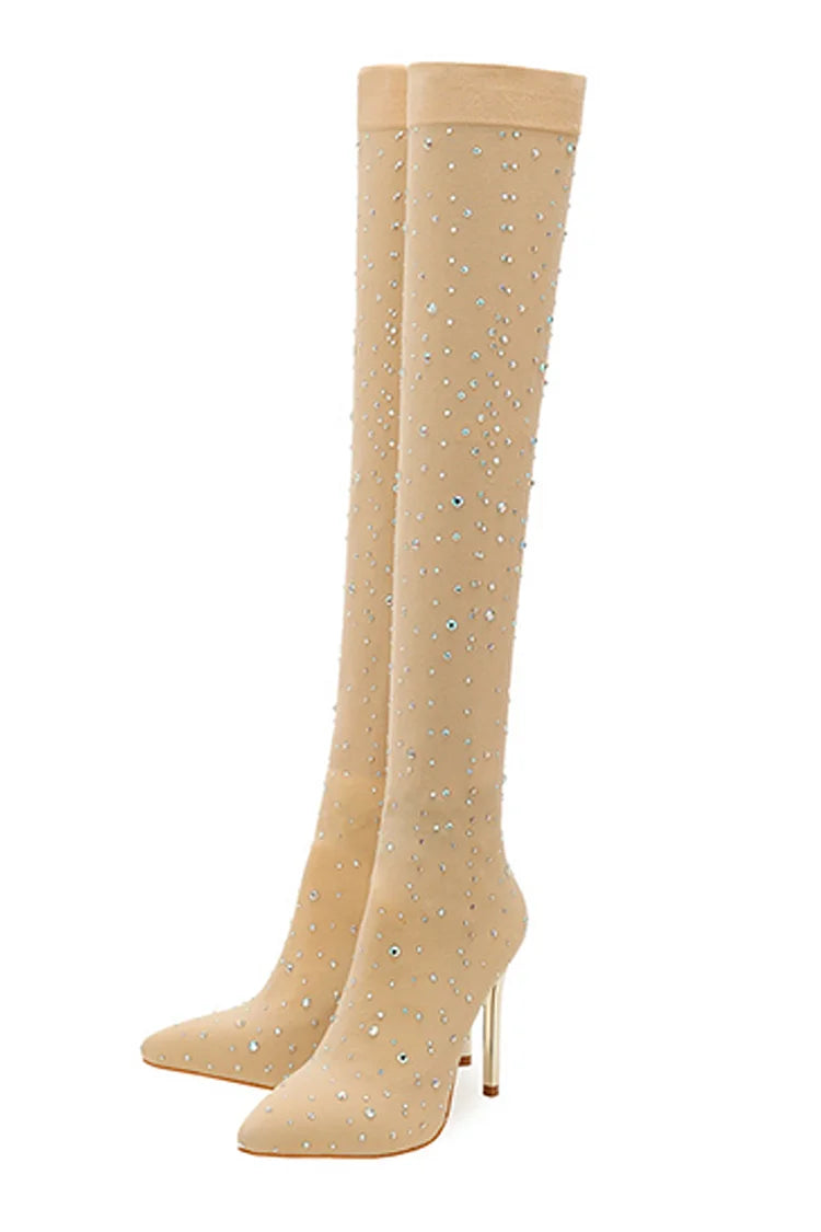 Rhinestone Decor Pointed Toe Stiletto Heel Over The Knee Sock Boots