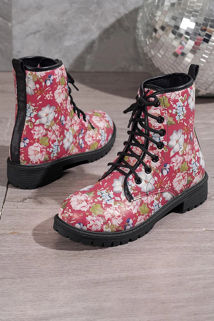 Colorful Floral Print Round Toe Low Block Heels Lace Up Ankle Boots