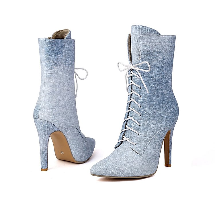 Denim Gradient Color Pointed Toe Stiletto Heel Lace Up Mid Calf Boots