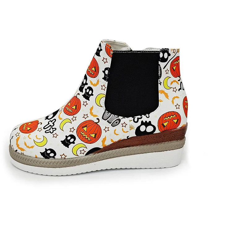 Halloween Roses Skull Print Round Toe Wedge Heel Ankle Boots