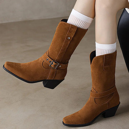 Patchwork Strap Buckle V Cut Square Toe Chunky Heel Mid Boots