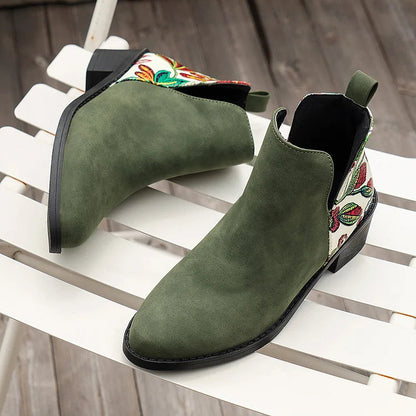 Floral Print Patchwork Zipper Pointed Toe Ankle Boots