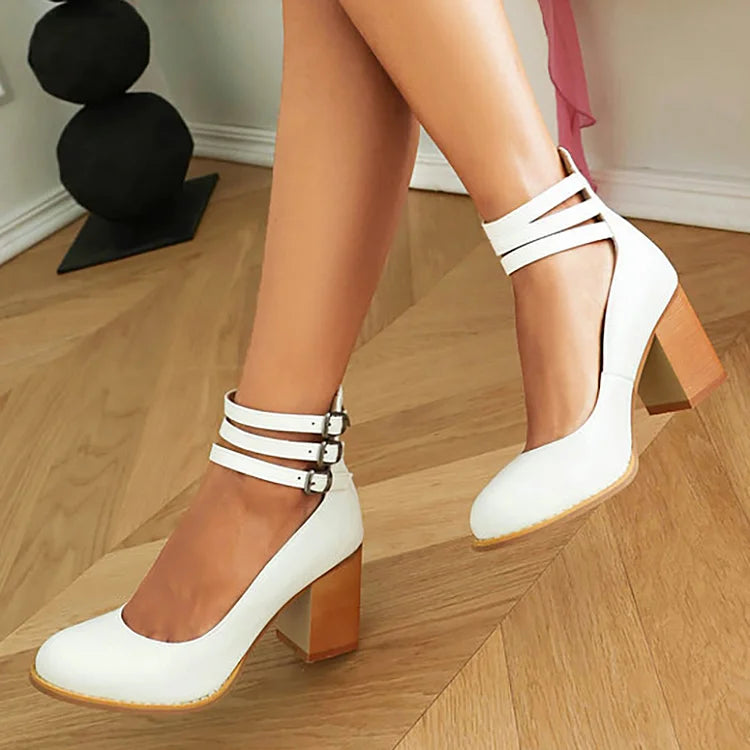 Casual Ankle Straps Buckles Plain Chunky Heels