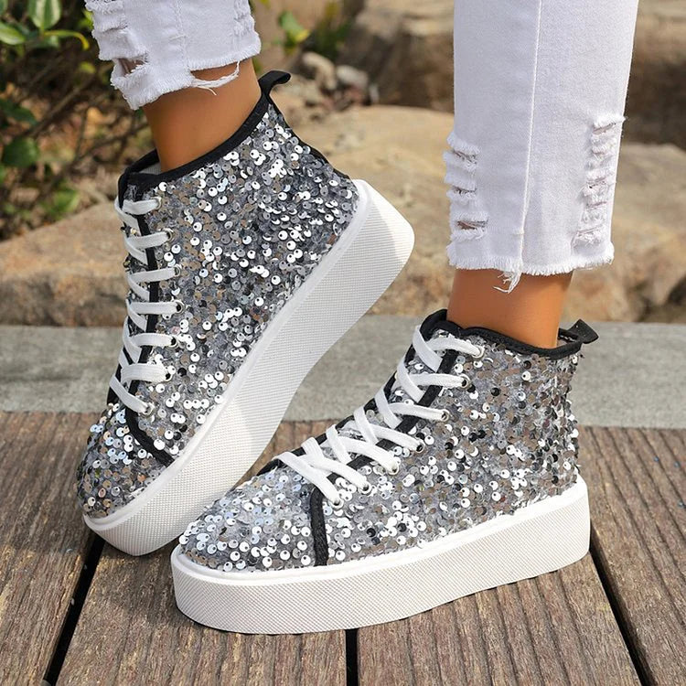 Sequins Decor Round Toe Lace Up Casual High Top Sneakers