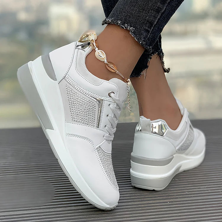 Rhinestone Embellished Patchwork Lace Up Wedge Sneakers