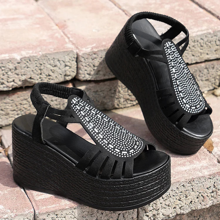 Rhinestone Embellished Hollow Elastic Band Platform Textured Wedge Sandals