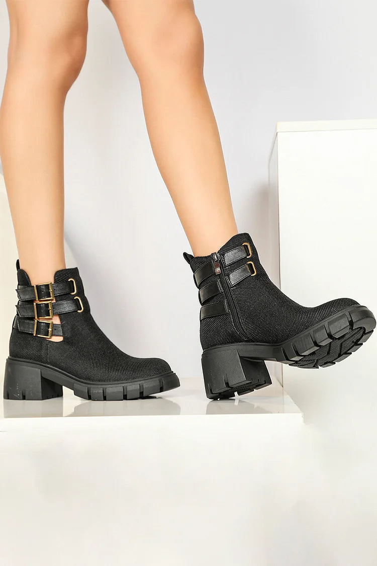 Multi Straps Buckles Zipper Round Toe Chunky Heel Ankle Boots