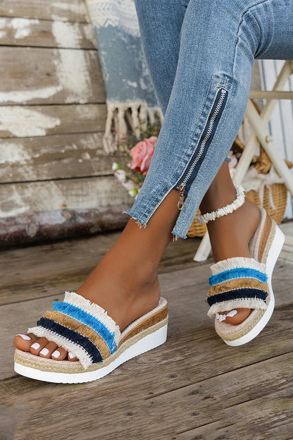 Tassels Trim Striped Espadrille Platform Wedge Outdoor Slippers