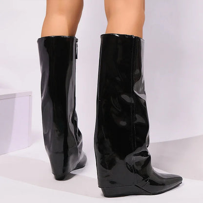 Fold Over Solid Color Pointed Toe Wedge Heel Knee High Boots