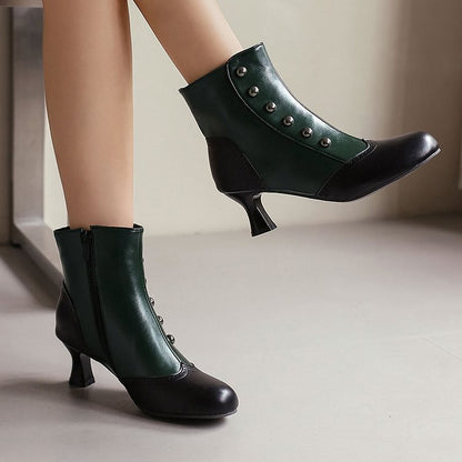 Colorblock Round Toe Metallic Studded Zipper Ankle Boots