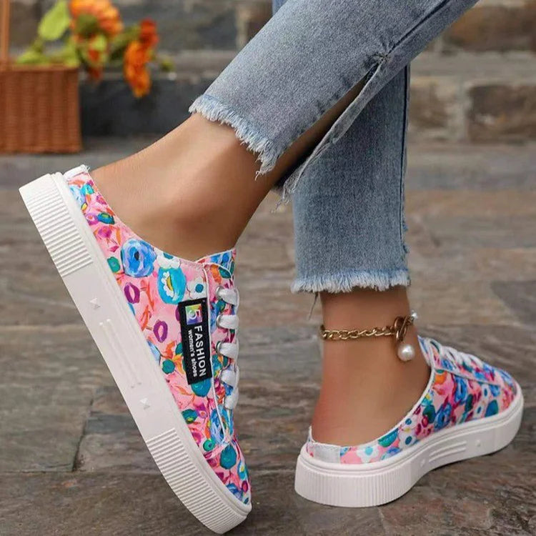 Canvas Multicolor Print Round Toe Slip On Lace Up Sneakers