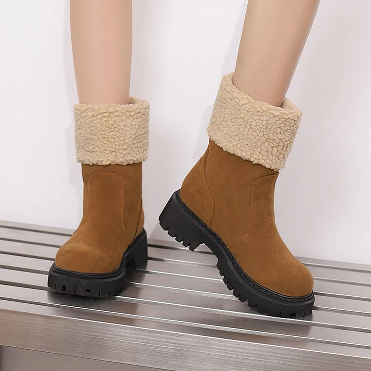 Patchwork Fluffy Trim Round Toe Chunky Heel Pull On Snow Boots