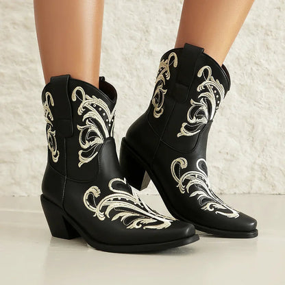 Embroidery Metallic Studded Square Toe Chunky Heel Western Boots