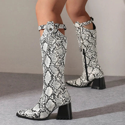 Chain Strap Buckle Decor Crocodile Print Pointed Toe Knee High Boots