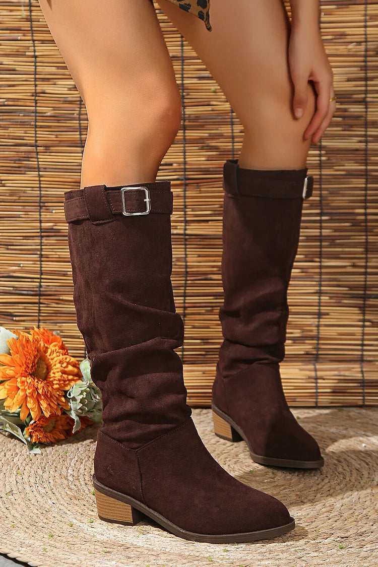 Colorblock Strap Buckle Decor Pointed Toe Chunky Heel Knee High Boots