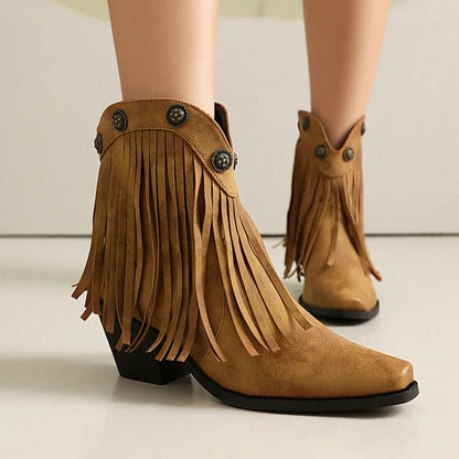 Fringed Trim Metallic Studded Square Toe Chunky Heel Ankle Boots