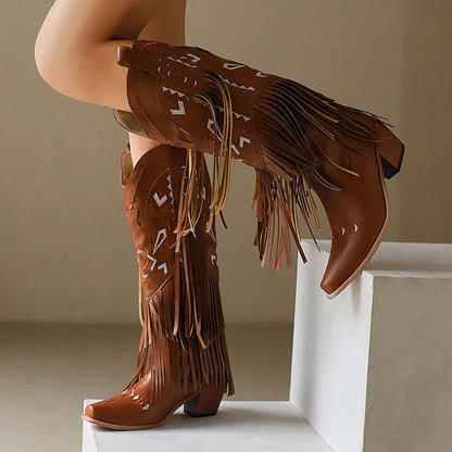 Tribal Pattern Embroidery Fringe Pointed Toe Chunky Heel Western Boots