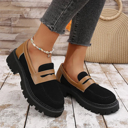 Colorblock Round Toe Patchwork Chunky Heel Casual Loafers