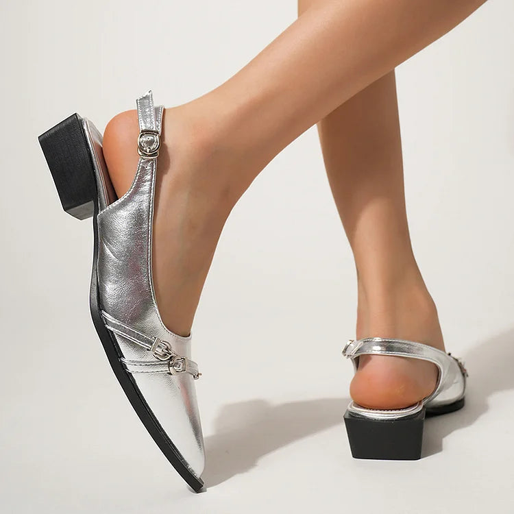 Glossy Pointy Toe Belt Buckles Decor Slingback Strap Flats