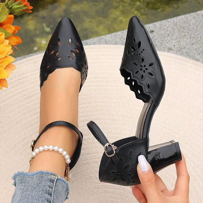 Openwork Design Pointed Toe Ankle Strap Buckle Chunky Heels