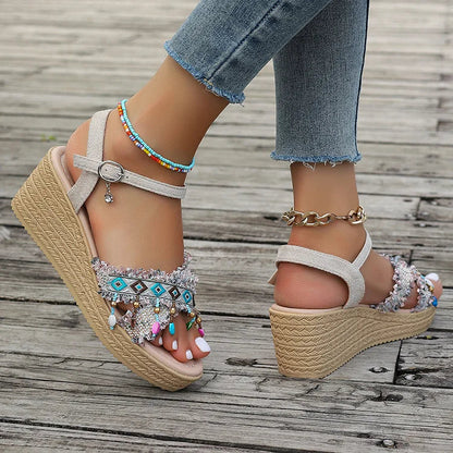 Ethnic Pattern Beaded Pendant Hanging Fringe Ankle Strap Wedge Sandals