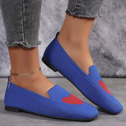 Heart Pattern Print Square Toe Slip On Knit Casual Flats