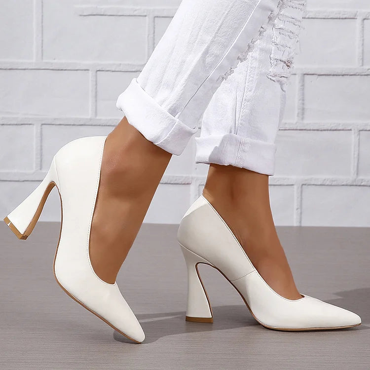 Casual Solid Color Pointy Toe Slip On Chunky Heels