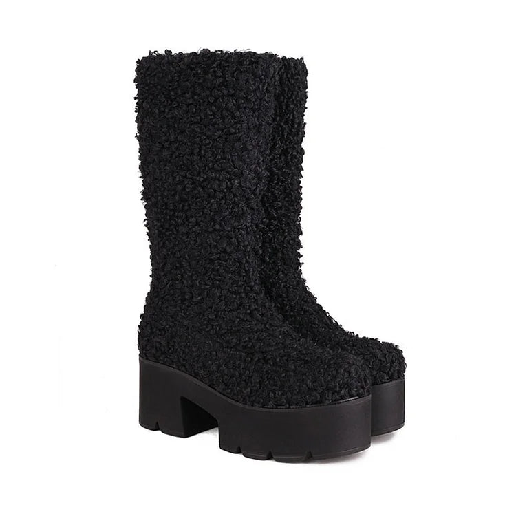 Round Toe Chunky Heel Faux Fur Pull On Platform Mid Calf Boots