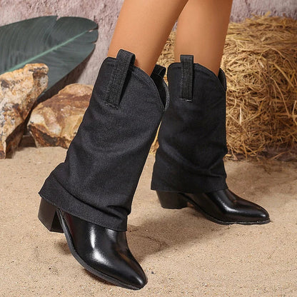 Denim Patchwork Fold Over Pointed Toe Chunky Heel Mid Boots