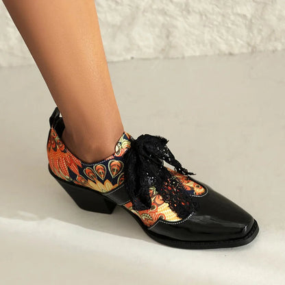 Roses Skull Print Patchwork Tied Up Lace Square Toe Chunky Heel Oxfords