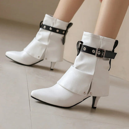 Colorblock Strap Buckle Fold Pointed Toe Stiletto Heel Ankle Boots