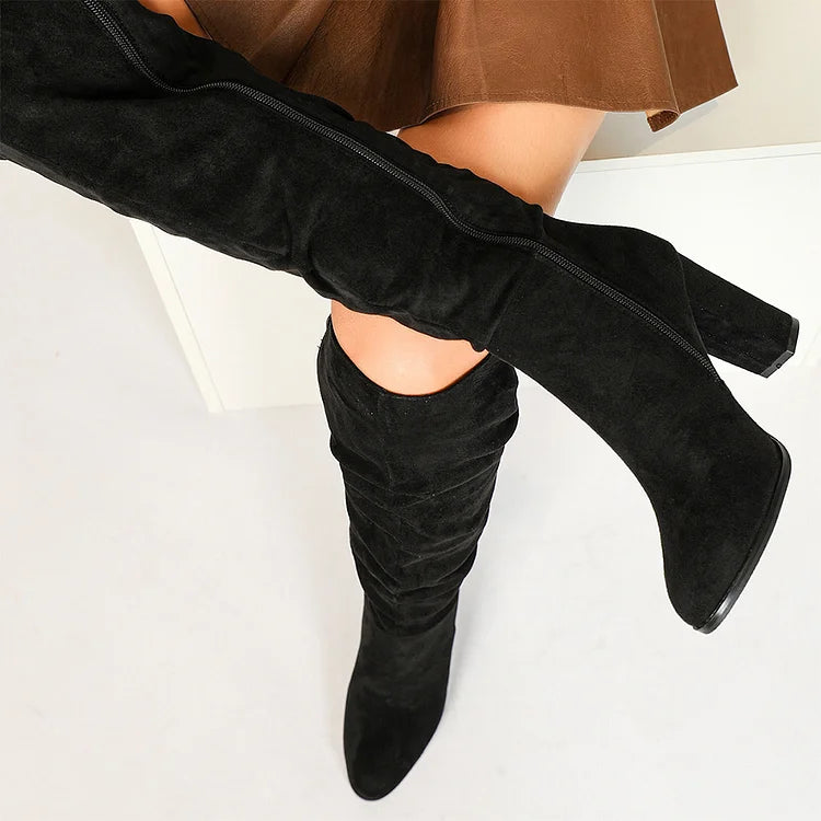 Pointed Toe Solid Color Chunky Heel Zipper Slouch Knee High Boots