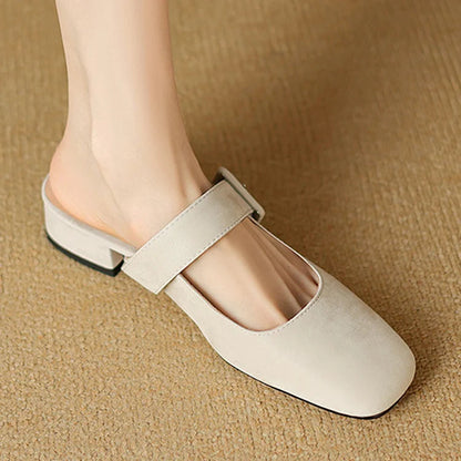 Instep Strap Buckle Square Toe Plain Slides Low Heels Mules