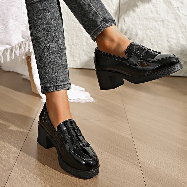 Patchwork Fringed Trim Round Toe Chunky Heel Loafers