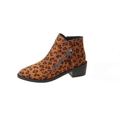 Leopard Print Zipper Pointed Toe Chunky Heel Ankle Boots