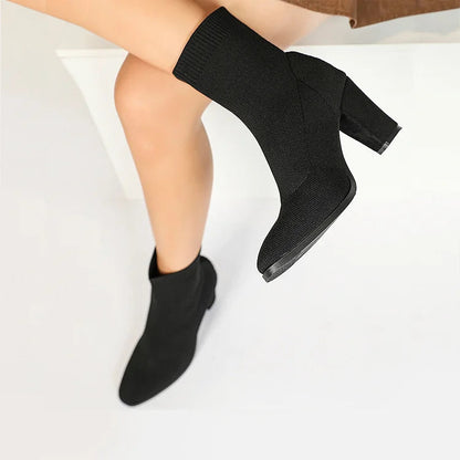 Knitted Solid Color Pointed Toe Chunky Heel Pull On Sock Ankle Boots