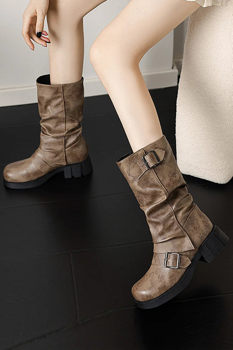 Solid Color Two Straps Buckles Round Toe Chunky Heel Mid Boots