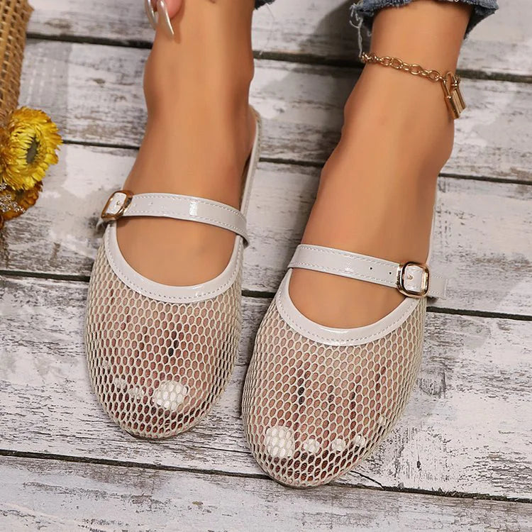 Hollow Out Mesh Instep Strap Plain Casual Round Toe Flats