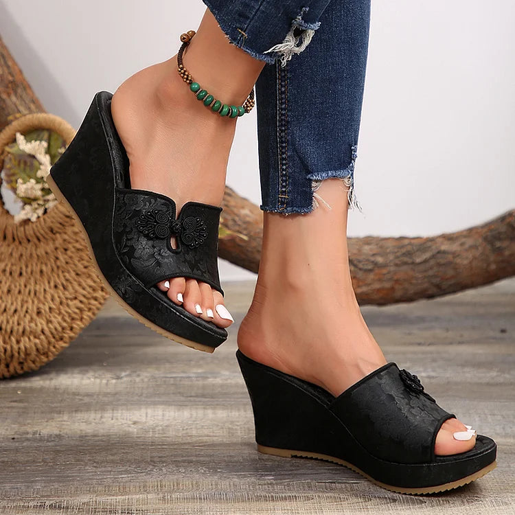 Embroidery Floral Print Platform Muffin Wedge Plain Slippers