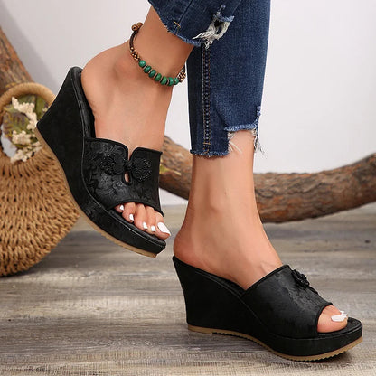 Embroidery Floral Print Platform Muffin Wedge Plain Slippers