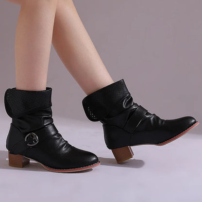 Colorblock Fold Patchwork Strap Buckle Chunky Heel Ankle Boots