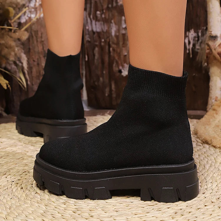 Round Toe Chunky Heel Pull On Casual Mid Boots