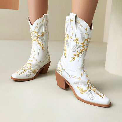 Floral Embroidery Patchwork Pointed Toe Chunky Heel Western Boots