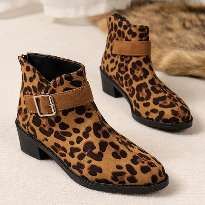 Patchwork Strap Buckle Decor Zipper Leopard Print Ankle Boots