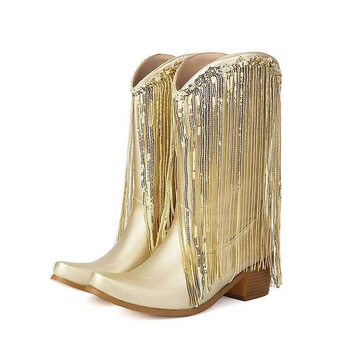 Metallic Sheen Fringed Trim Pointed Toe Chunky Heel Mid Boots