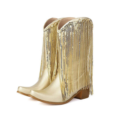 Metallic Sheen Fringed Trim Pointed Toe Chunky Heel Mid Boots