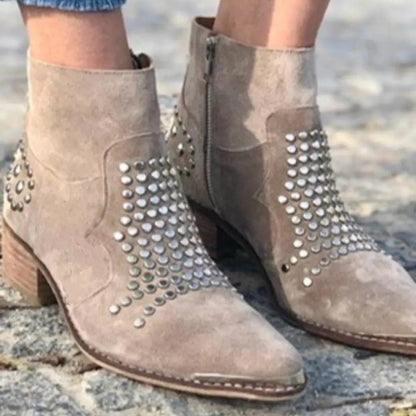 Studded Suede Textured Pointy Toe Chunky Boots